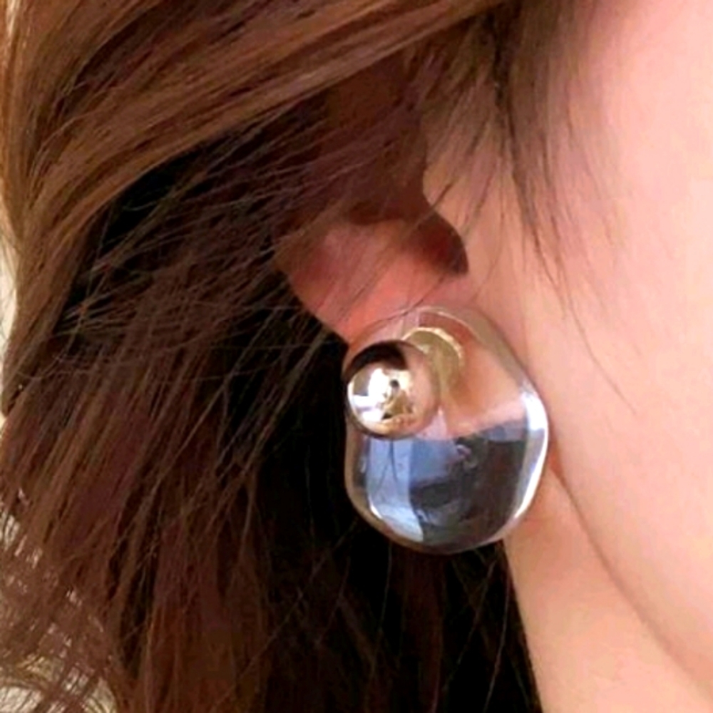 NEW!! Silver Plated Abstract| Minimalist| Ball & Clear Asymetrical Stud …